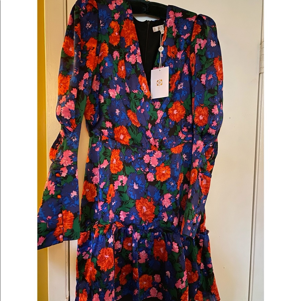 Cobalt Blue Floral Print Puff Sleeve Mini Dress: Size Medium